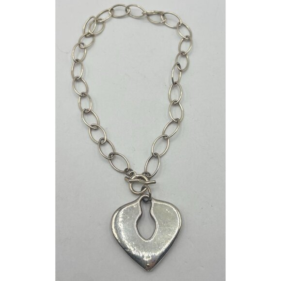 Silver Heart Pendant Necklace With Chain & Toggle Clasp 925 - Picture 2 of 7